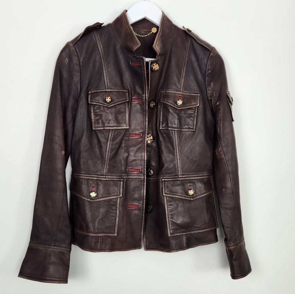 Tory Burch Dark Brown Leather Jacket with Red Accents